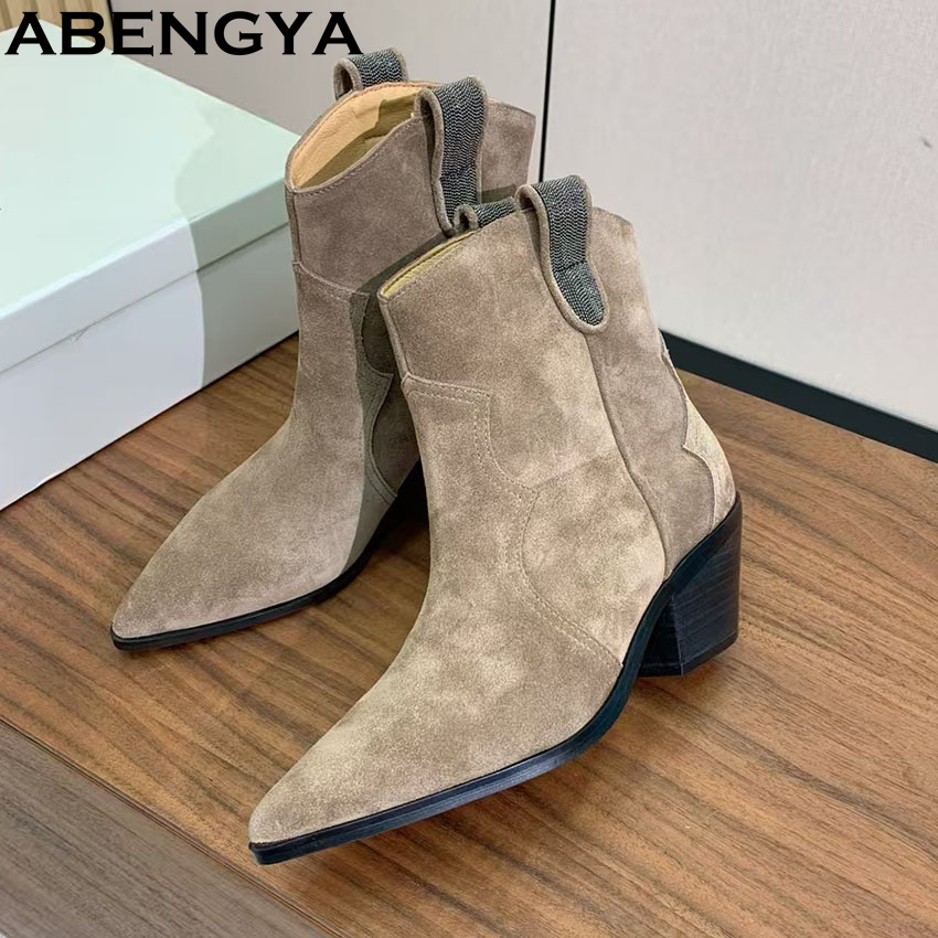 Chelsea Boots Suede - スクエアトゥ ウエスタン カウボーイブーツ レディース ポインテッドトゥ アンクルブーツ