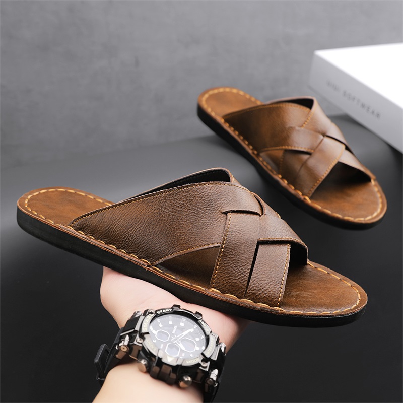 Men'S Shoes Dockers - 本革メンズカジュアルサンダル夏メンズスリッパ屋外通気性ビーチシューズ快適なフラット男性フリップフロップサイズ 48