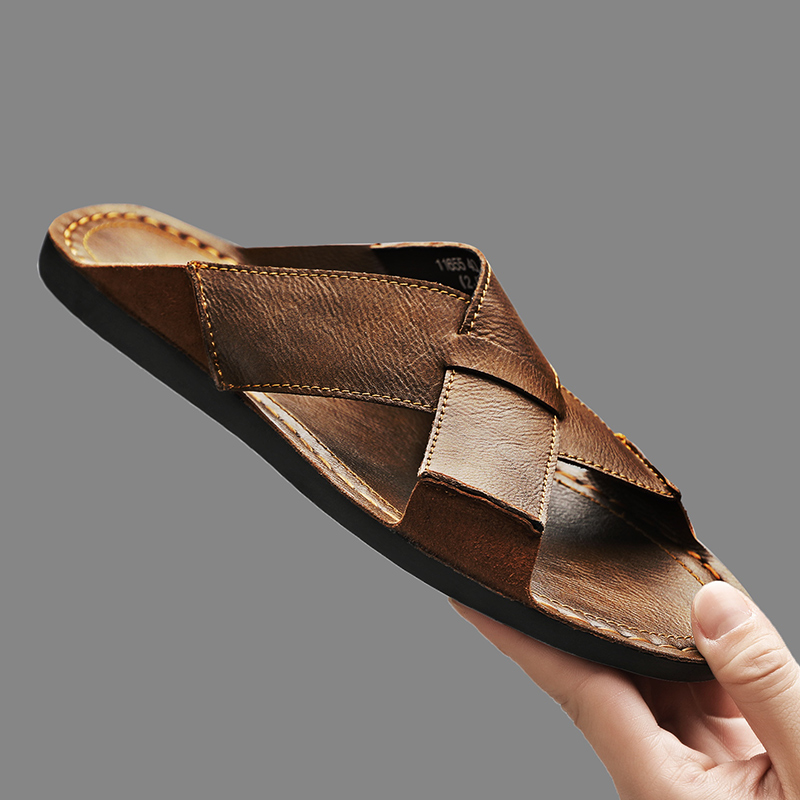 Men'S Shoes Hush Puppies - ファッション本革メンズスリッパ夏の男のサンダル屋外ビーチシューズ高品質カジュアルシューズ快適なビーチサンダル