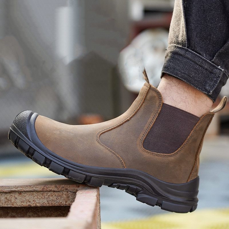 Chelsea Boots Suede - 大きいサイズのメンズファッション、スチールトゥカバー付きワークブーツ、牛革安全靴、黒と茶色の作業用チェルシーブーツ、保護靴