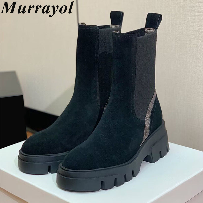Chelsea Boots Suede - ミッドカーフボタスムヘールスエードフラット厚底女性ラウンドトゥストリングビーズ装飾ショートブーツ秋冬レトロチェルシーブーツ