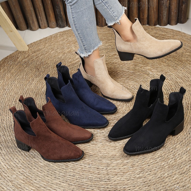 Chelsea Boots Suede - レディース スエード チェルシー アンクルブーツ ポインテッドトゥ ブロックヒール