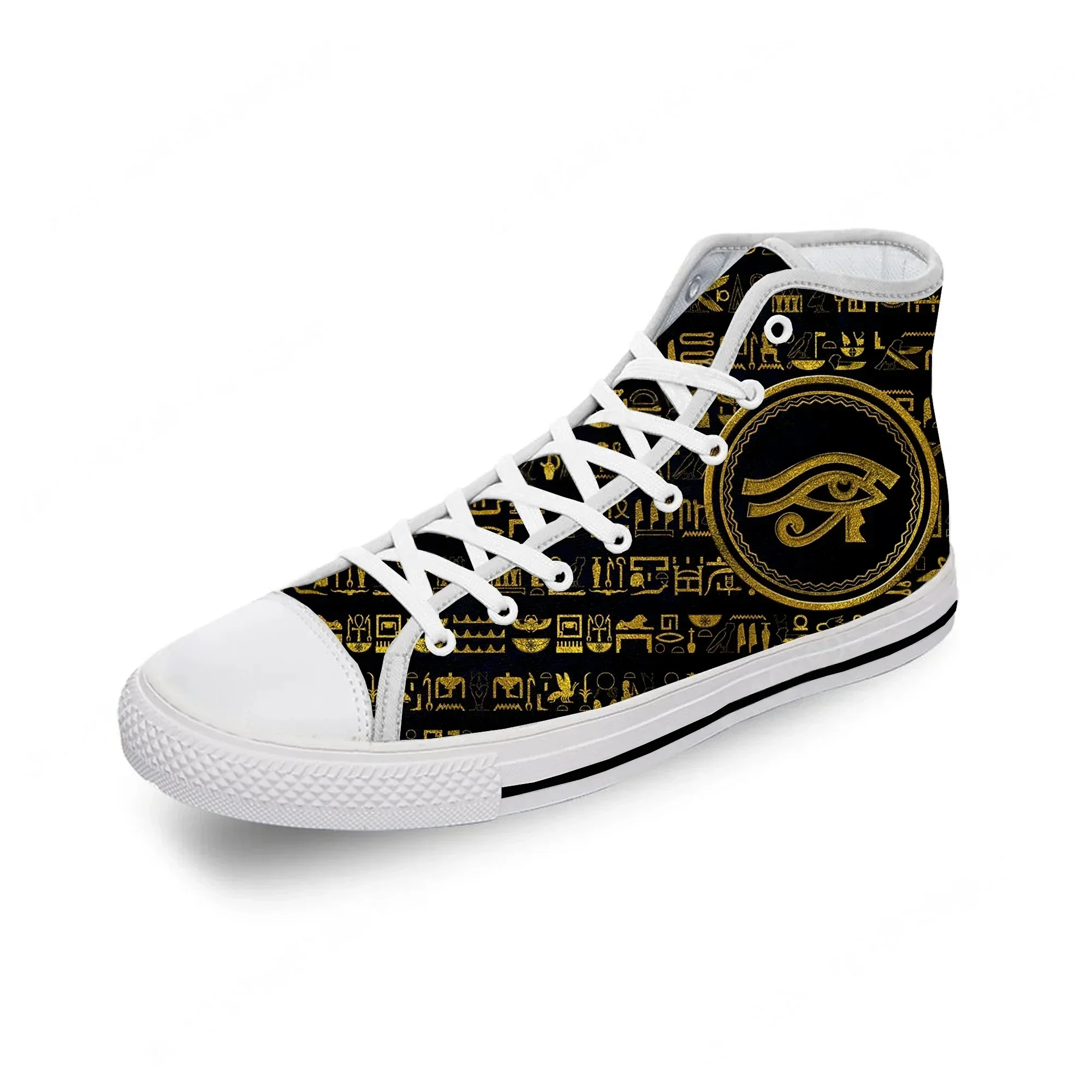 Men Shoes Egypt - ホルスエジプト神の目エジプト白い布ファッション 3D プリントハイトップキャンバスシューズ男性女性軽量通気性スニーカー