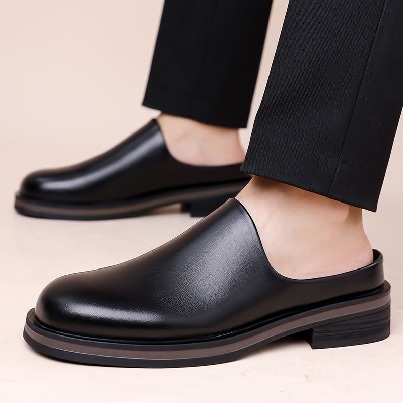 Men'S Shoes Dockers - メンズスリッポンハーフスリッパ、厚底光沢カジュアルレザーシューズ、レトロラウンドトゥトレンド万能ミュールシューズ