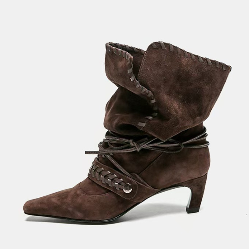 Chelsea Boots Suede - Liyke 秋冬ブラウンスエード織りレースアップ女性折りプリーツアンクルブーツファッション薄いローヒールチェルシーウエスタンレディースシューズ