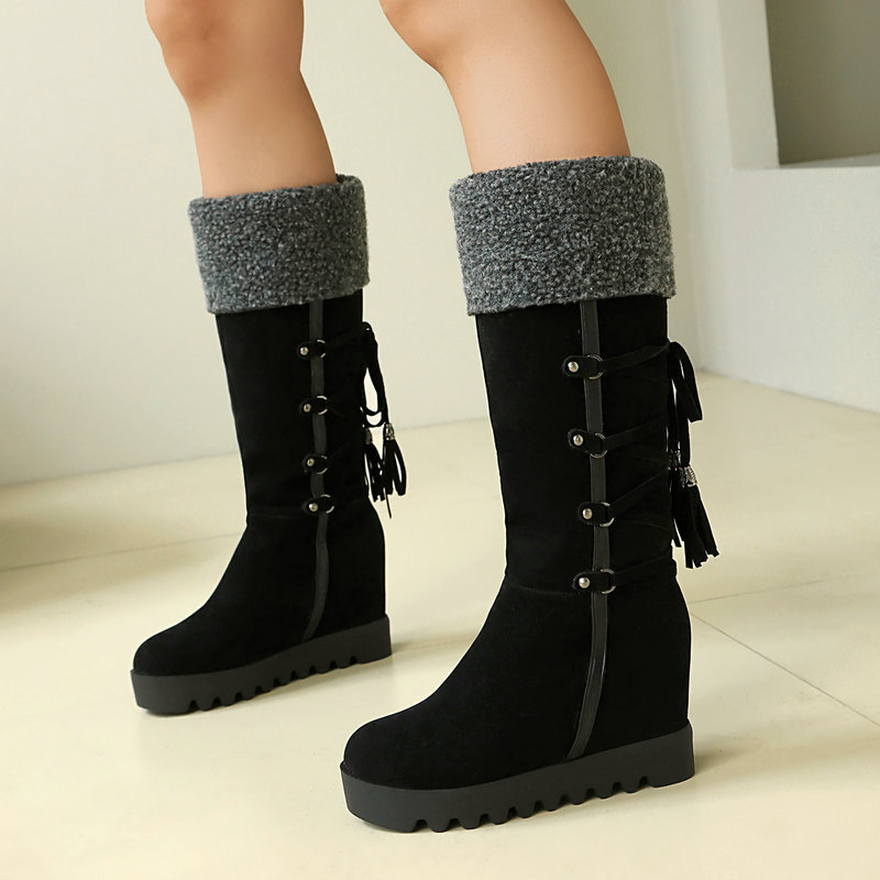 Chelsea Boots Suede - レディースウィンタースノーブーツ、フェイクスエード、ウェッジヒール、ニーハイブーツ、ファー裏地、タッセル、レースアップ、プラットフォーム、暖かいカジュアルシューズ、ボタス・ムヘール