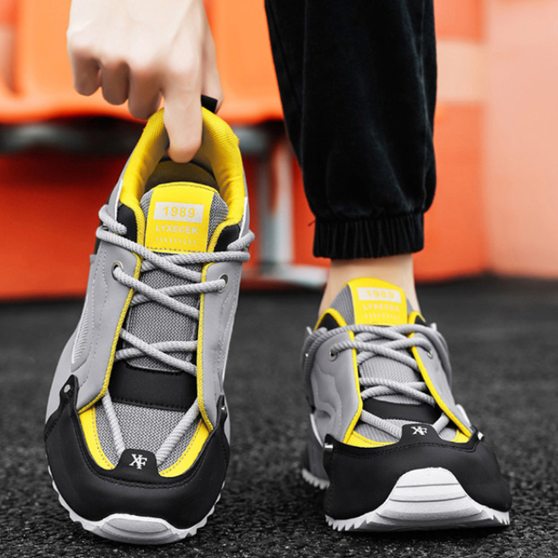 グレー、黒、黄色のチャンキーダッドスニーカー、レトロなパッチ - Mesh Trainer Breathable のレビューと価格