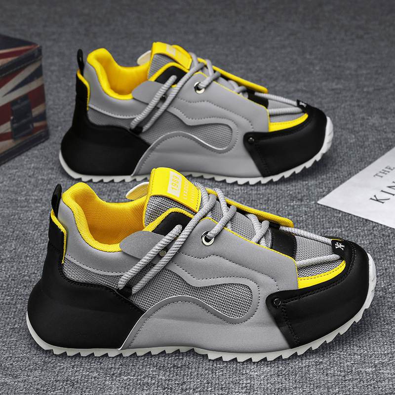 グレー、黒、黄色のチャンキーダッドスニーカー、レトロなパッチ - Mesh Trainer Breathable のレビューと価格