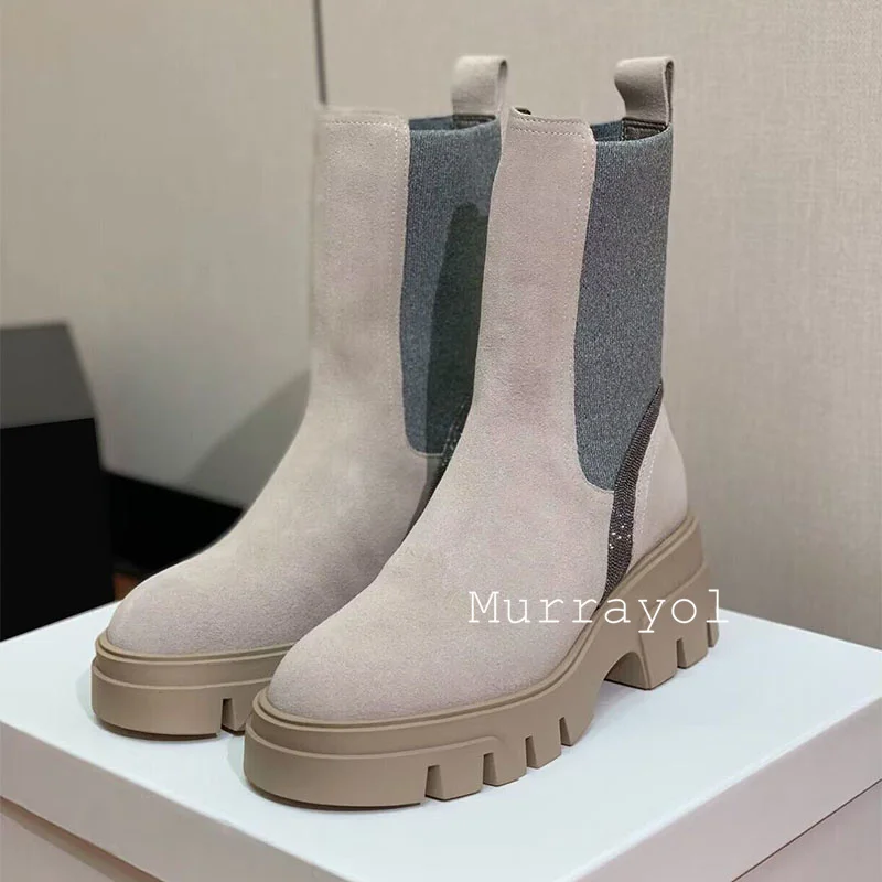 ミッドカーフボタスムヘールスエードフラット厚底女性ラウンドト - Chelsea Boots Suede のレビューと価格
