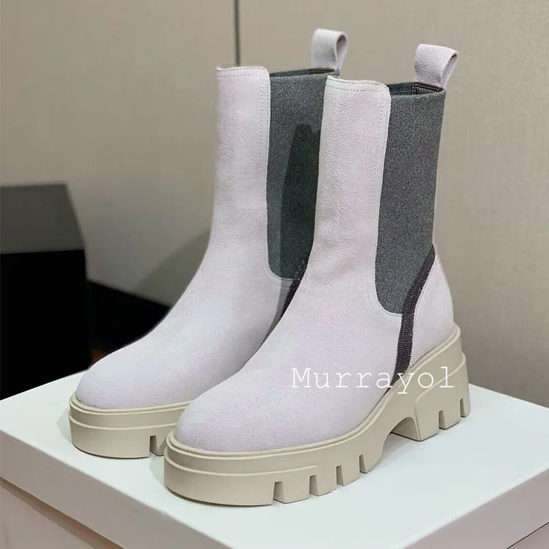 ミッドカーフボタスムヘールスエードフラット厚底女性ラウンドト - Chelsea Boots Suede のレビューと価格