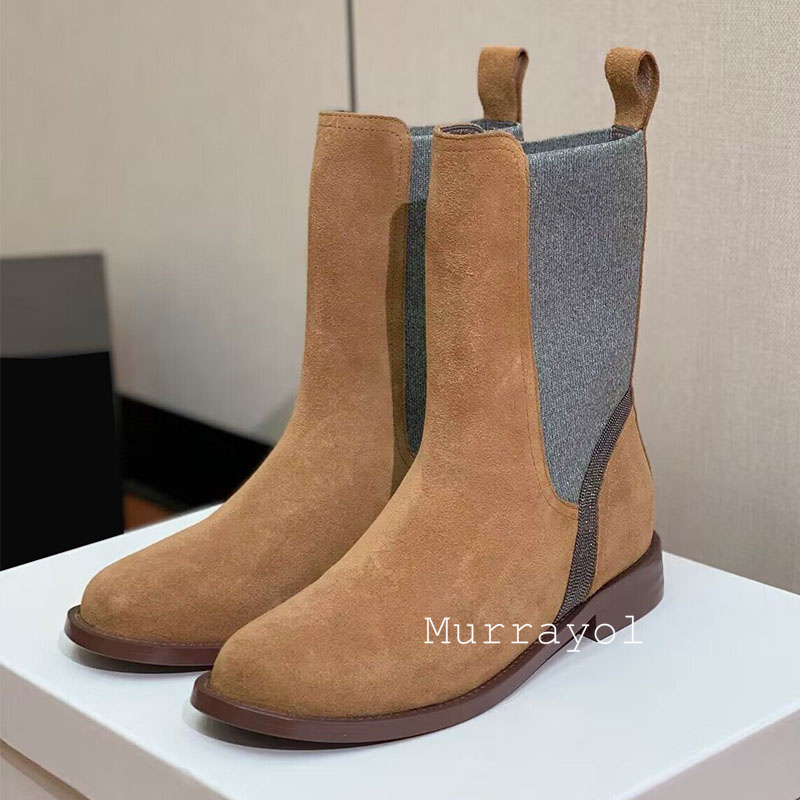 ミッドカーフボタスムヘールスエードフラット厚底女性ラウンドト - Chelsea Boots Suede のレビューと価格