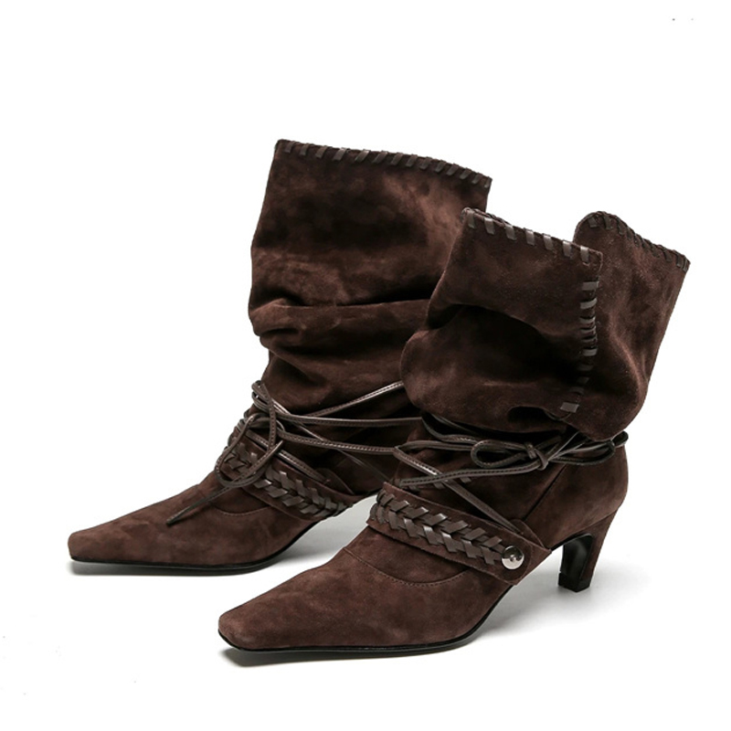 Liyke 秋冬ブラウンスエード織りレースアップ女性折りプリ - Chelsea Boots Suede のレビューと価格