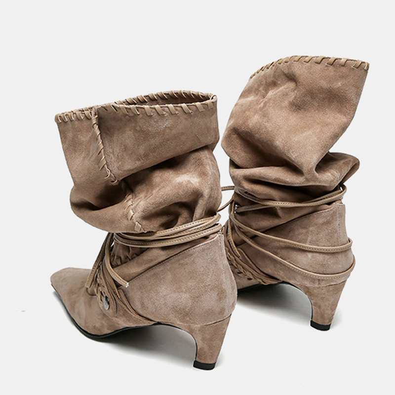 Liyke 秋冬ブラウンスエード織りレースアップ女性折りプリ - Chelsea Boots Suede のレビューと価格